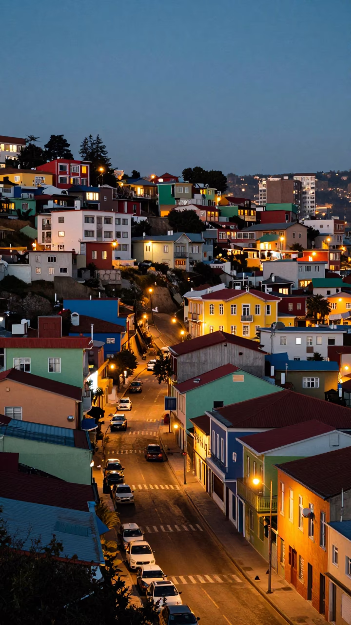 Valparaiso Chile Evening Street Scene with Colorful Houses and City Lights in in Valparaiso, Chile