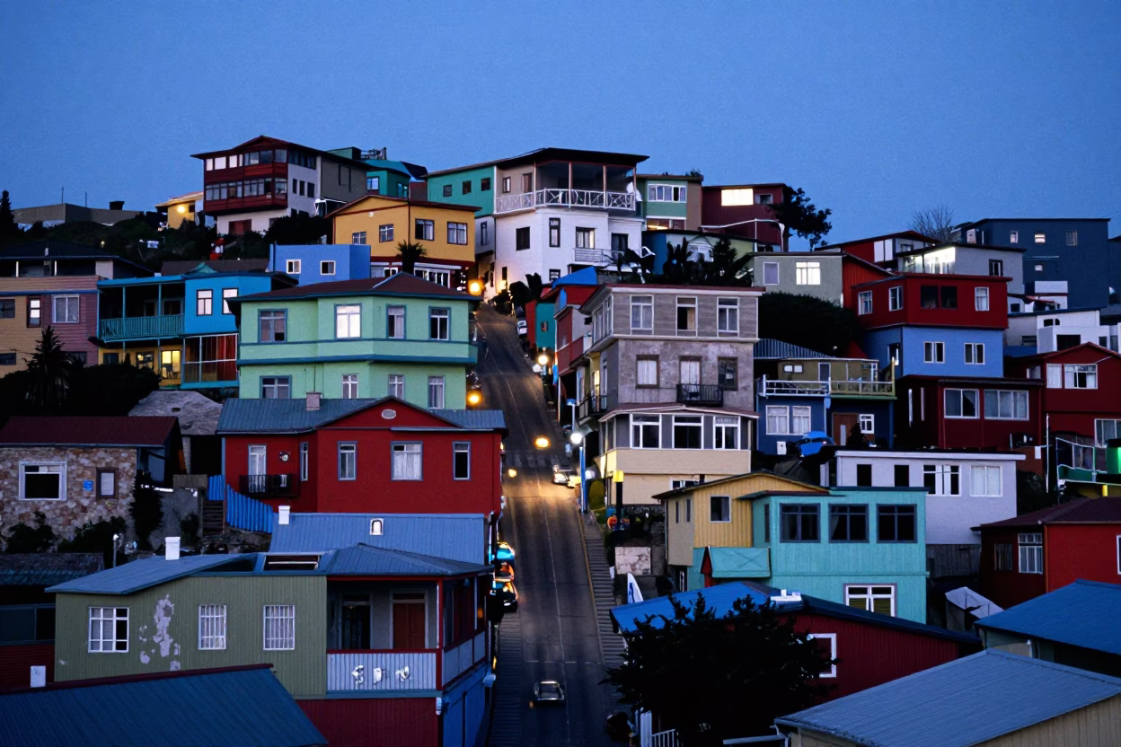 Valparaiso Chile Evening Street Scene with Colorful Houses and Local Life in in Valparaiso, Chile