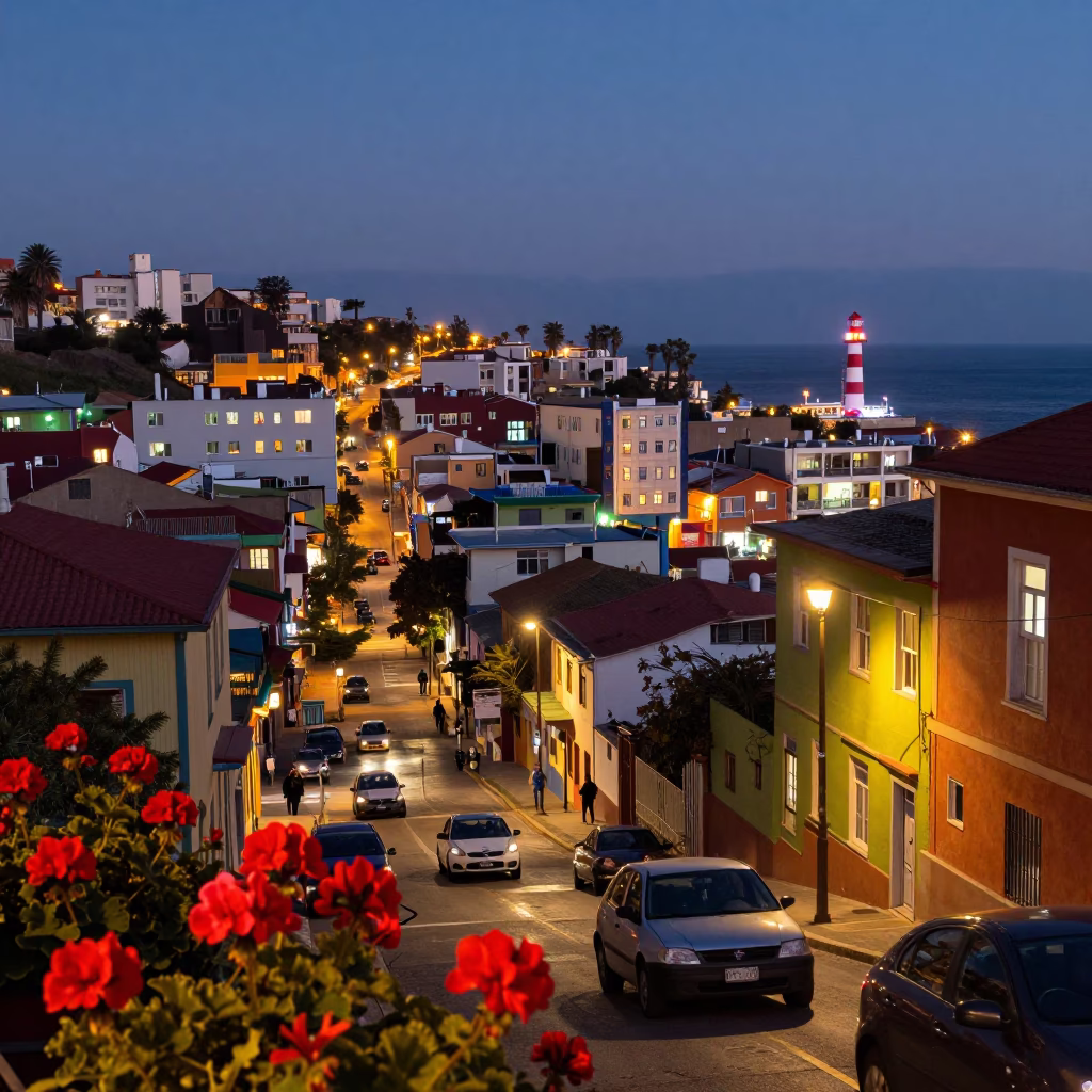 Valparaiso Chile Evening Street Scene with Geraniums and Harbor Beacon View in in Valparaiso, Chile