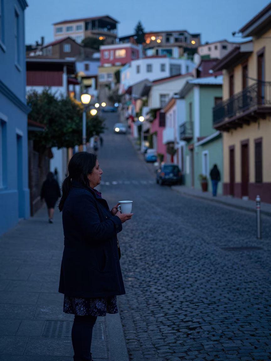 Valparaiso Chile Evening Street Scene with Local Woman and Ceramic Mug in in Valparaiso, Chile