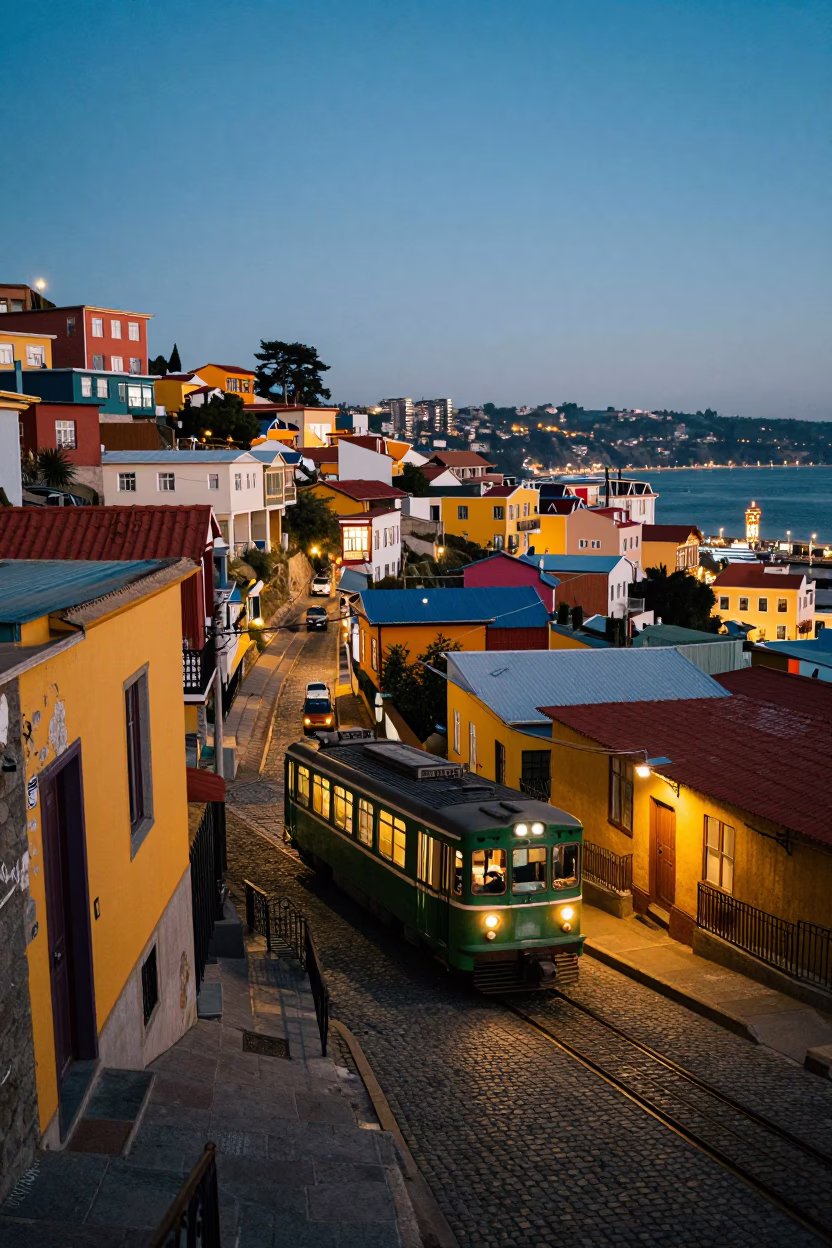 Valparaiso Chile Evening Street Scene With Metro Train And Colorful Buildings in in Valparaiso, Chile