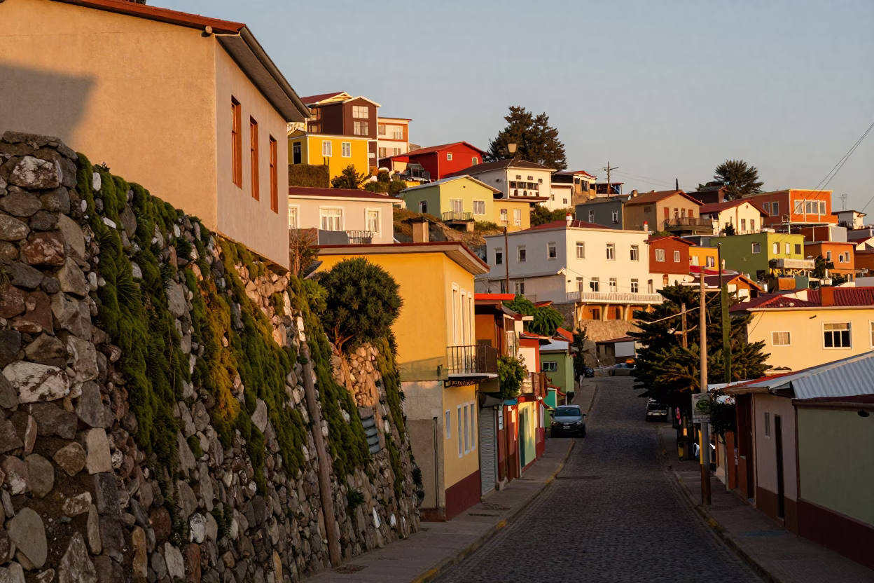 Valparaiso Chile Evening Street Scene with Mossy Walls and Local Life in in Valparaiso, Chile