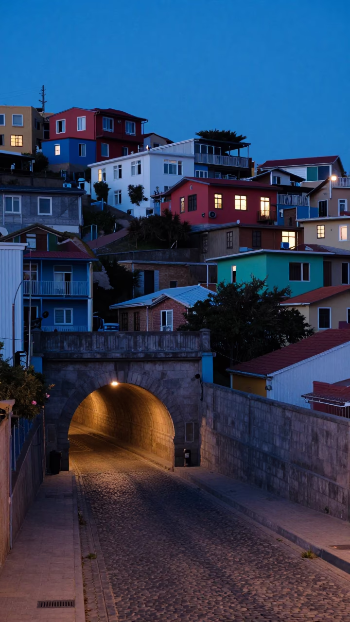 Valparaiso Chile Evening Street Scene with Tunnel Portal and Local Life in in Valparaiso, Chile