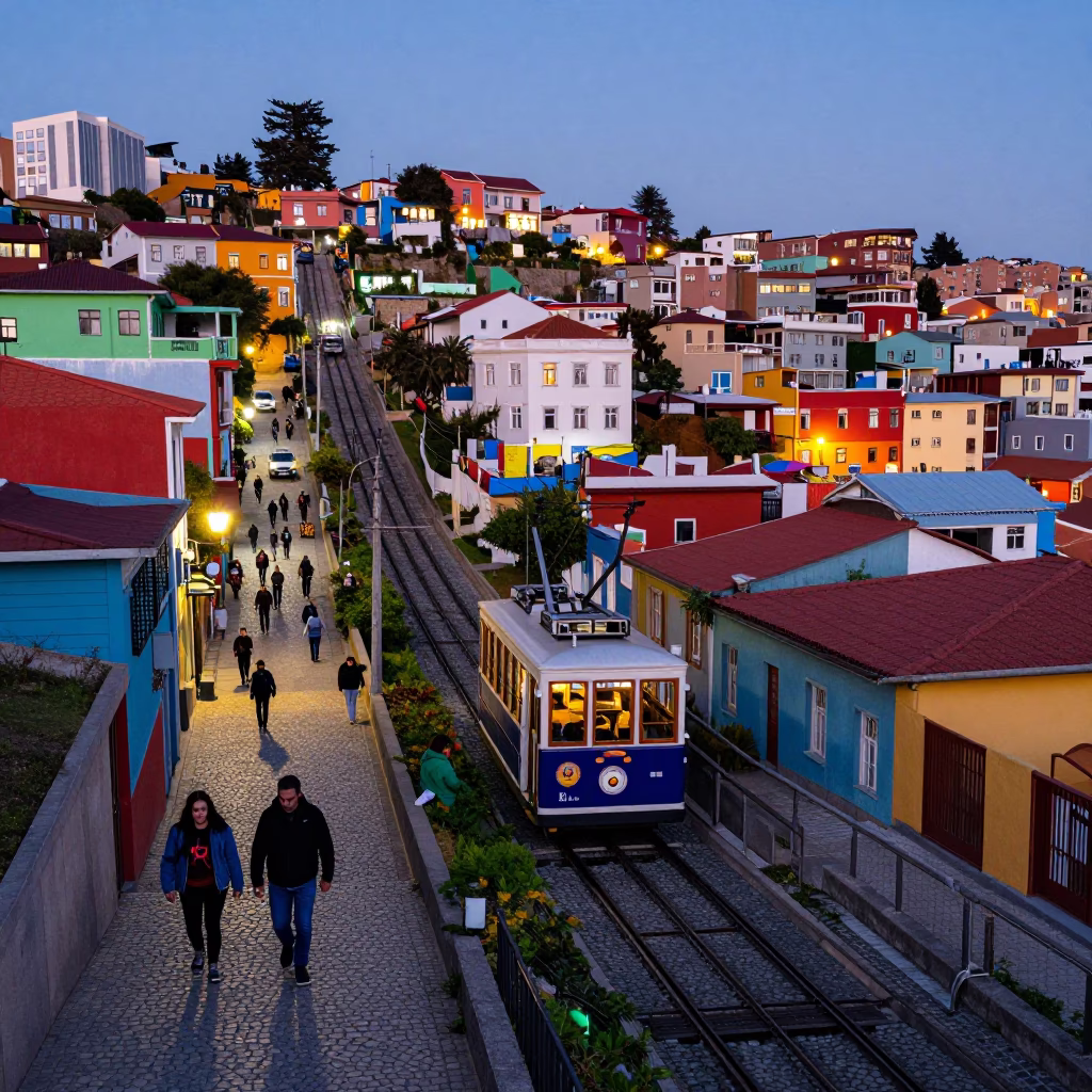 Valparaiso Chile Funicular Ascending Hillside at Dusk with Colorful Street Life and City Lights in in Valparaiso, Chile
