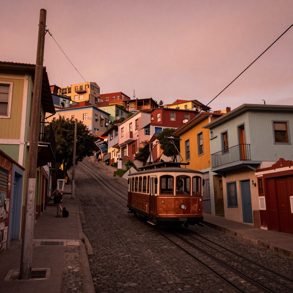 Valparaiso Chile Funicular Hillside Street Scene Copper Dusk Light in in Valparaiso, Chile