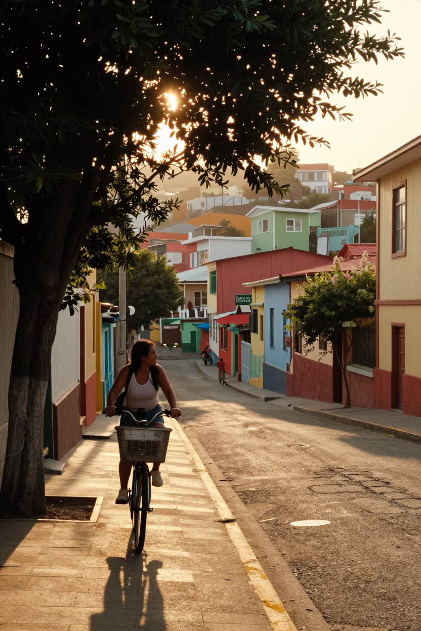 Valparaiso Chile Golden Hour Street Scene with Bicycle Basket and Leaf Shadows in in Valparaiso, Chile