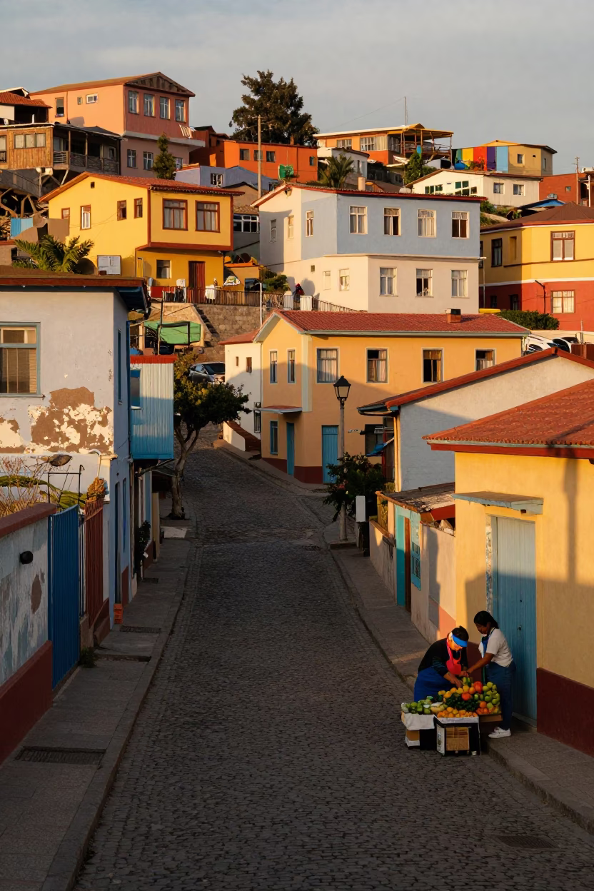 Valparaiso Chile Honeyed Evening Light Street Scene with Paint Flecks and Heritage Architecture in in Valparaiso, Chile