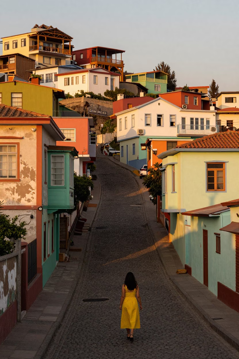 Valparaiso Chile Honeyed Evening Street Scene with Colorful Architecture and Local Life in in Valparaiso, Chile
