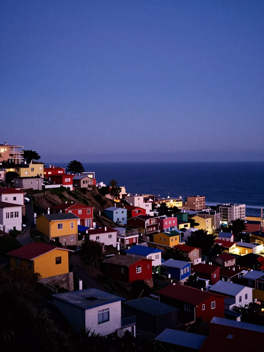 Valparaiso Chile indigo twilight coastal cityscape with colorful hillside houses and distant harbor lights in in Valparaiso, Chile