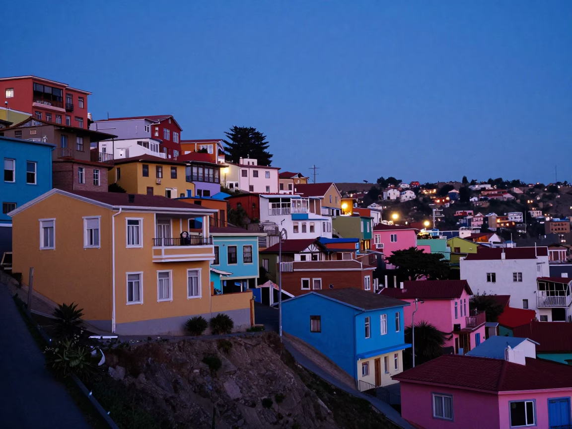 Valparaiso Chile Indigo Twilight Street Scene with Colorful Hillside Houses and Tram in in Valparaiso, Chile