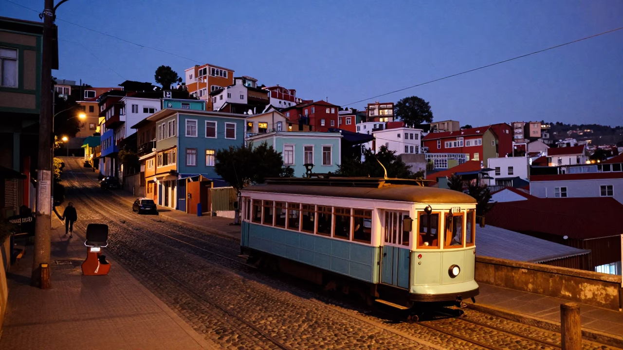 Valparaiso Chile indigo twilight street scene with heritage tram and locals in in Valparaiso, Chile