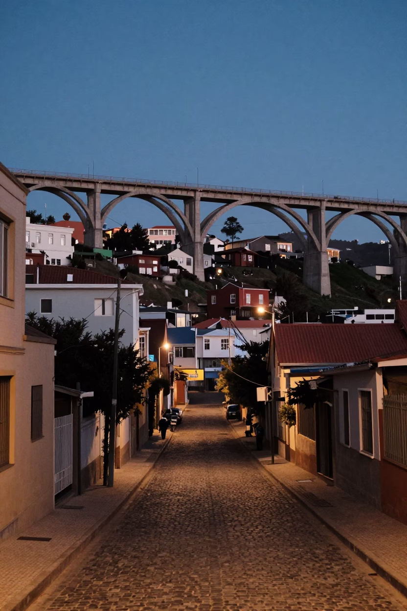 Valparaiso Chile indigo twilight street scene with viaduct arch and paint flecks in in Valparaiso, Chile
