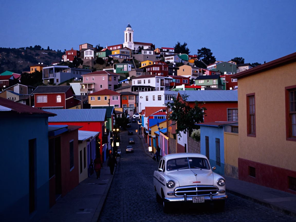 Valparaiso Chile Indigo Twilight Street Scene With Vintage Car And Local Life in in Valparaiso, Chile