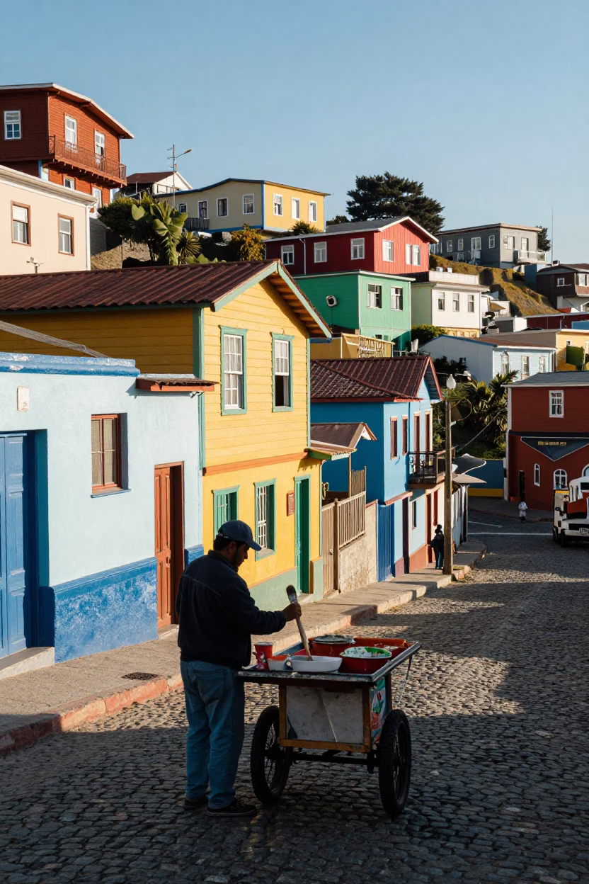 Valparaiso Chile Late Morning Street Scene with Paintbrush and Stew Bowl in in Valparaiso, Chile