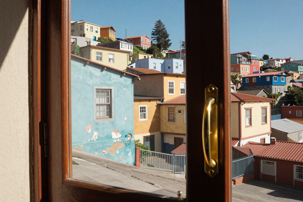Valparaiso Chile Midday Street Scene with Brass Hardware Details and Coastal Port Activity in in Valparaiso, Chile