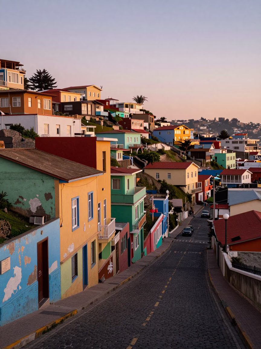 Valparaiso Chile Nautical Dawn Street Scene Colorful Hillside Architecture in in Valparaiso, Chile