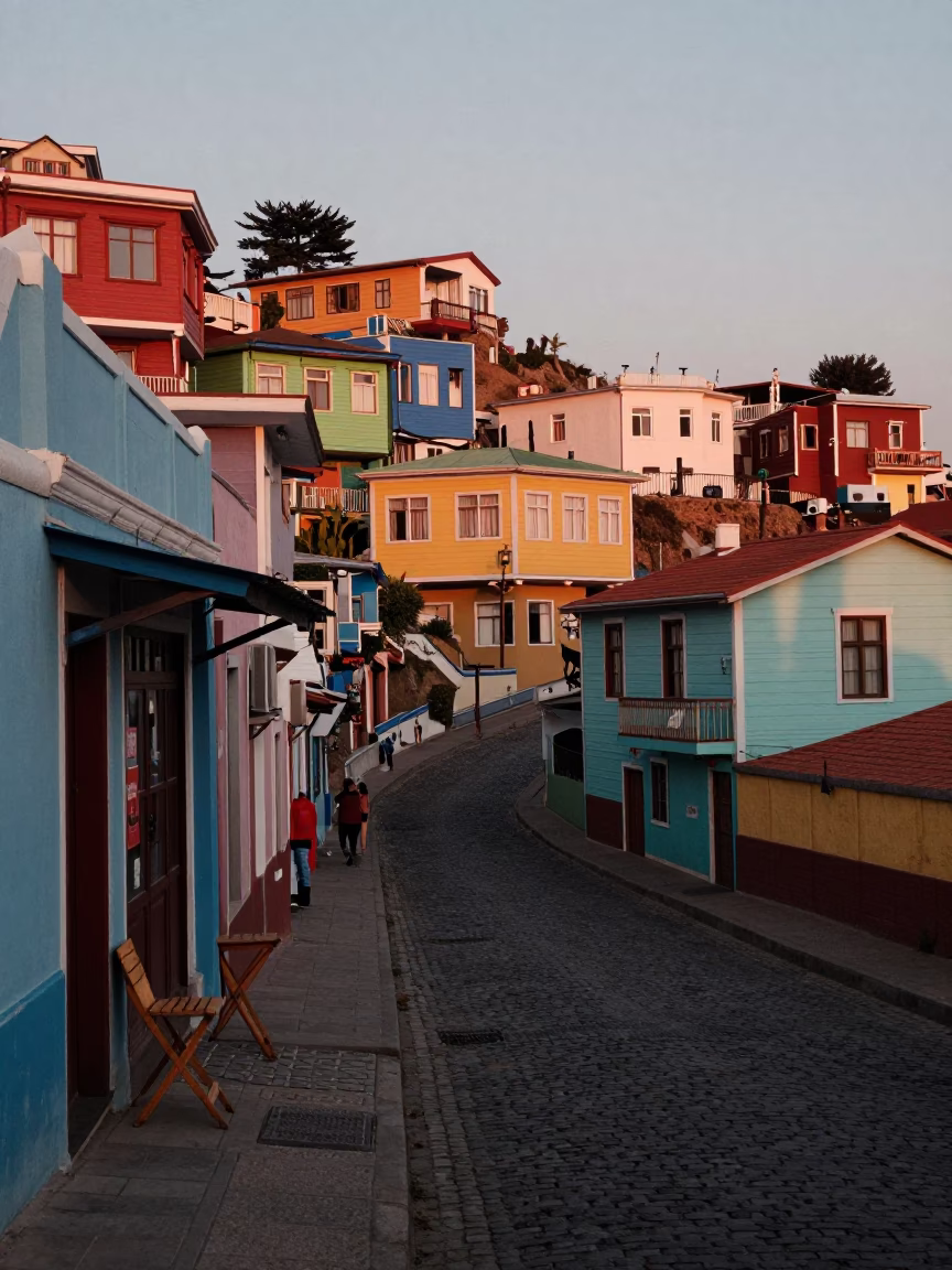 Valparaiso Chile Nautical Dawn Street Scene with Colorful Hillside Houses and Local Activity in in Valparaiso, Chile