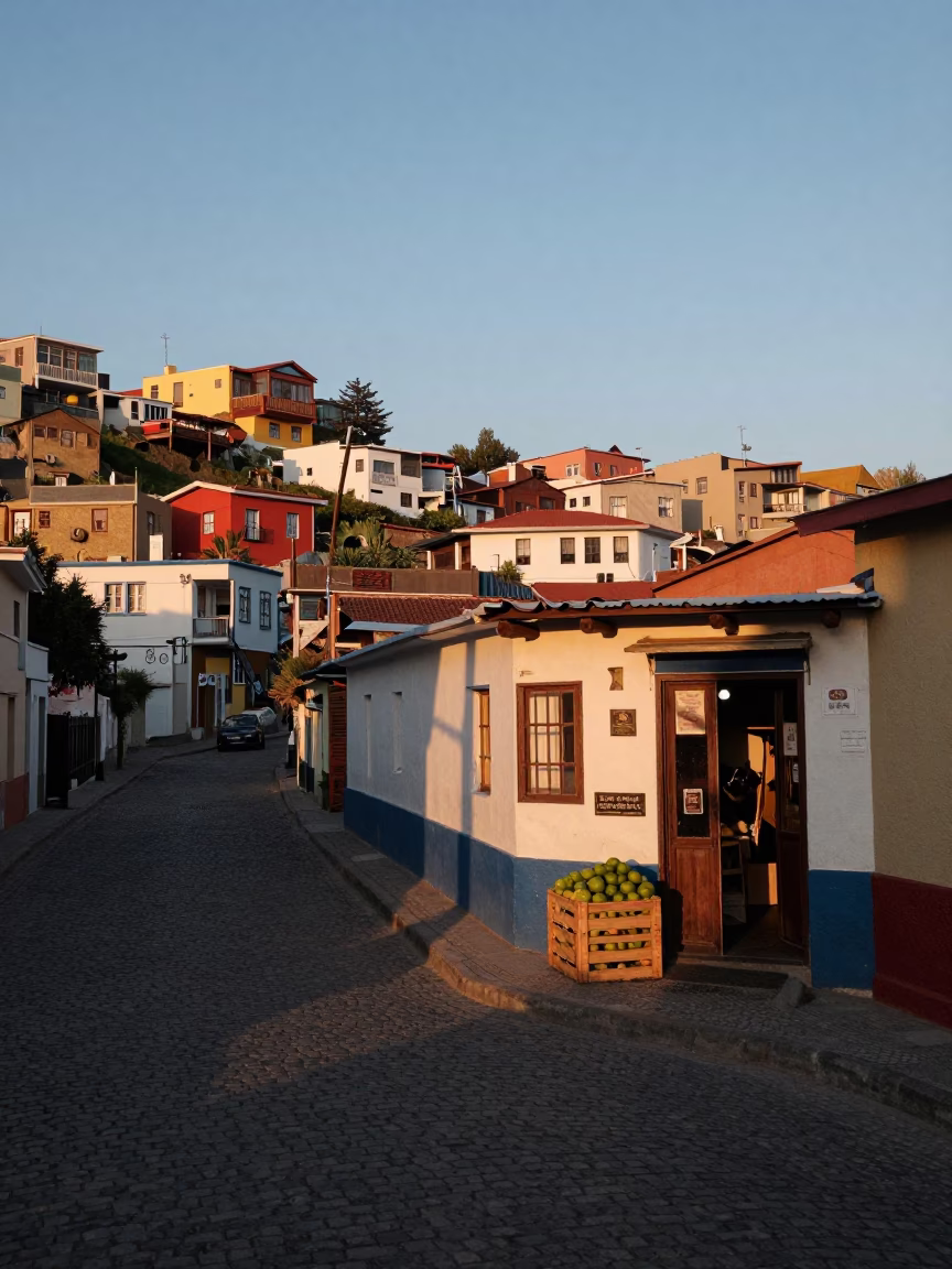 Valparaiso Chile Nautical Dawn Street Scene with Fruit Crate and Local Life in in Valparaiso, Chile