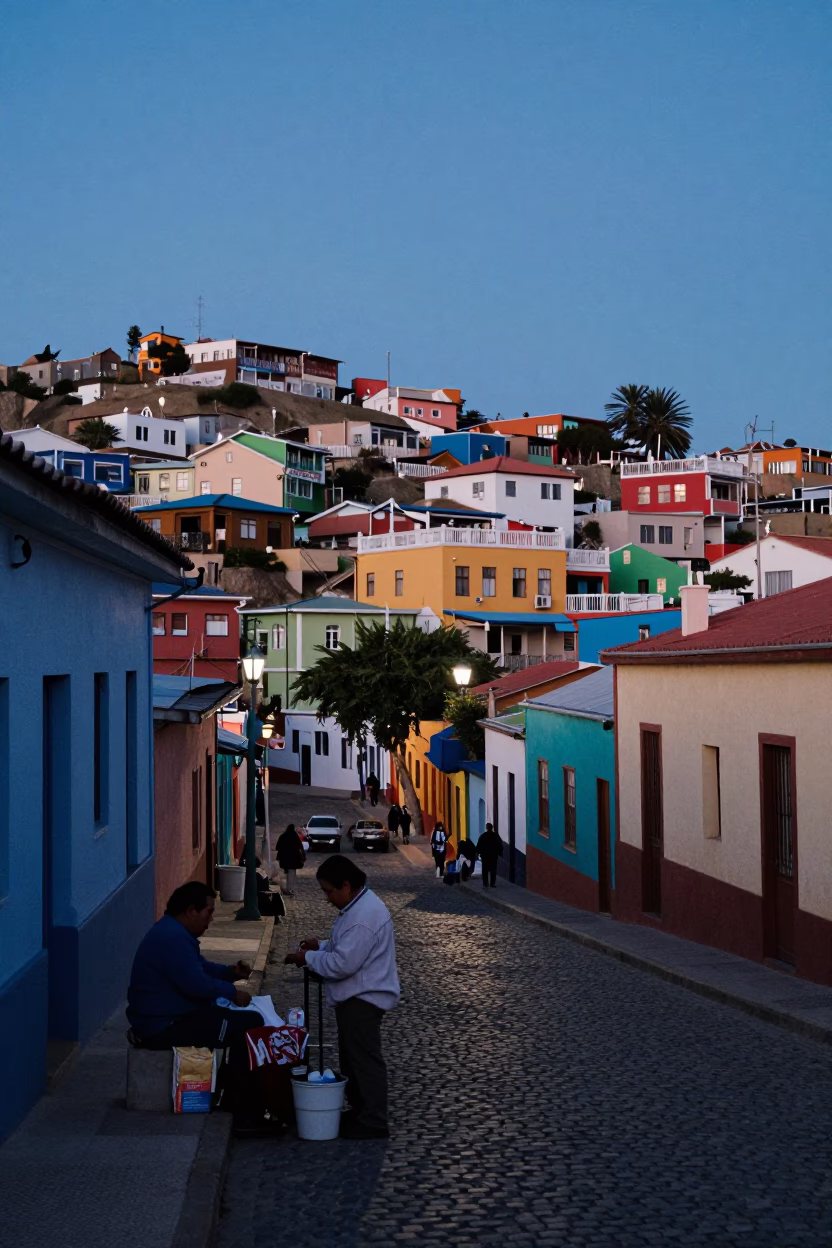 Valparaiso Chile Nautical Dawn Street Scene with Local Artisan and Clay Pot in in Valparaiso, Chile