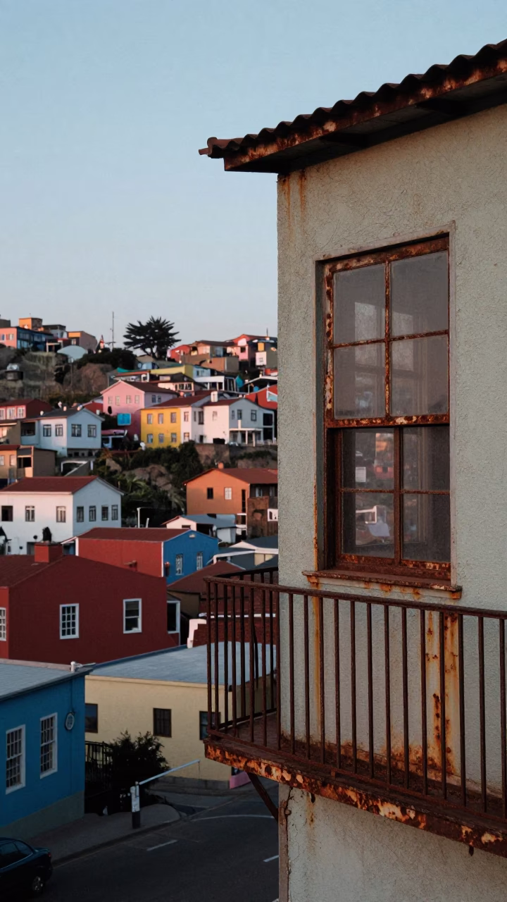 Valparaiso Chile Nautical Dawn Street Scene with Rusty Windows and Rainbow Eucalyptus Bark in in Valparaiso, Chile