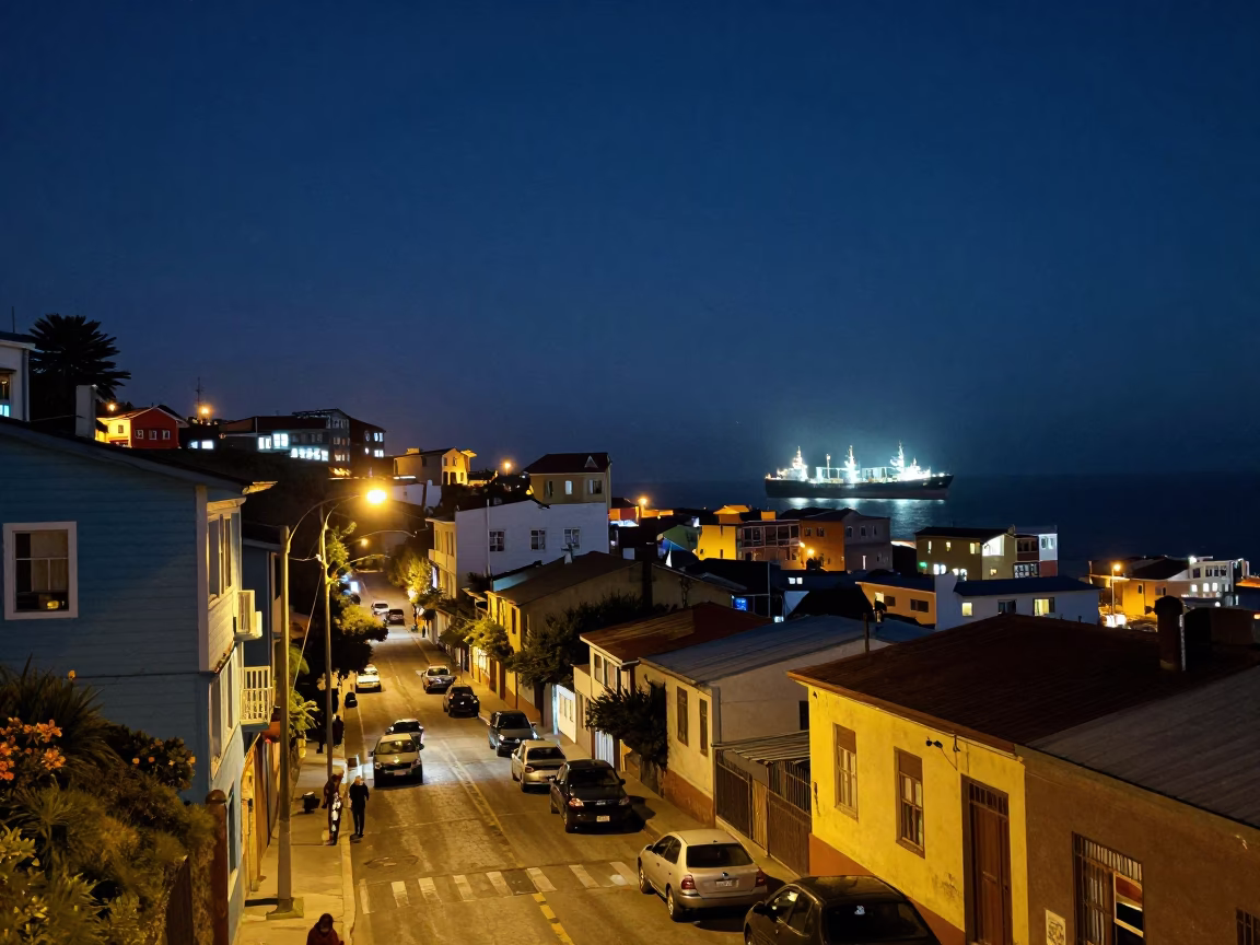 Valparaiso Chile Night Street Scene Cargo Ship Horizon and Local Life in in Valparaiso, Chile