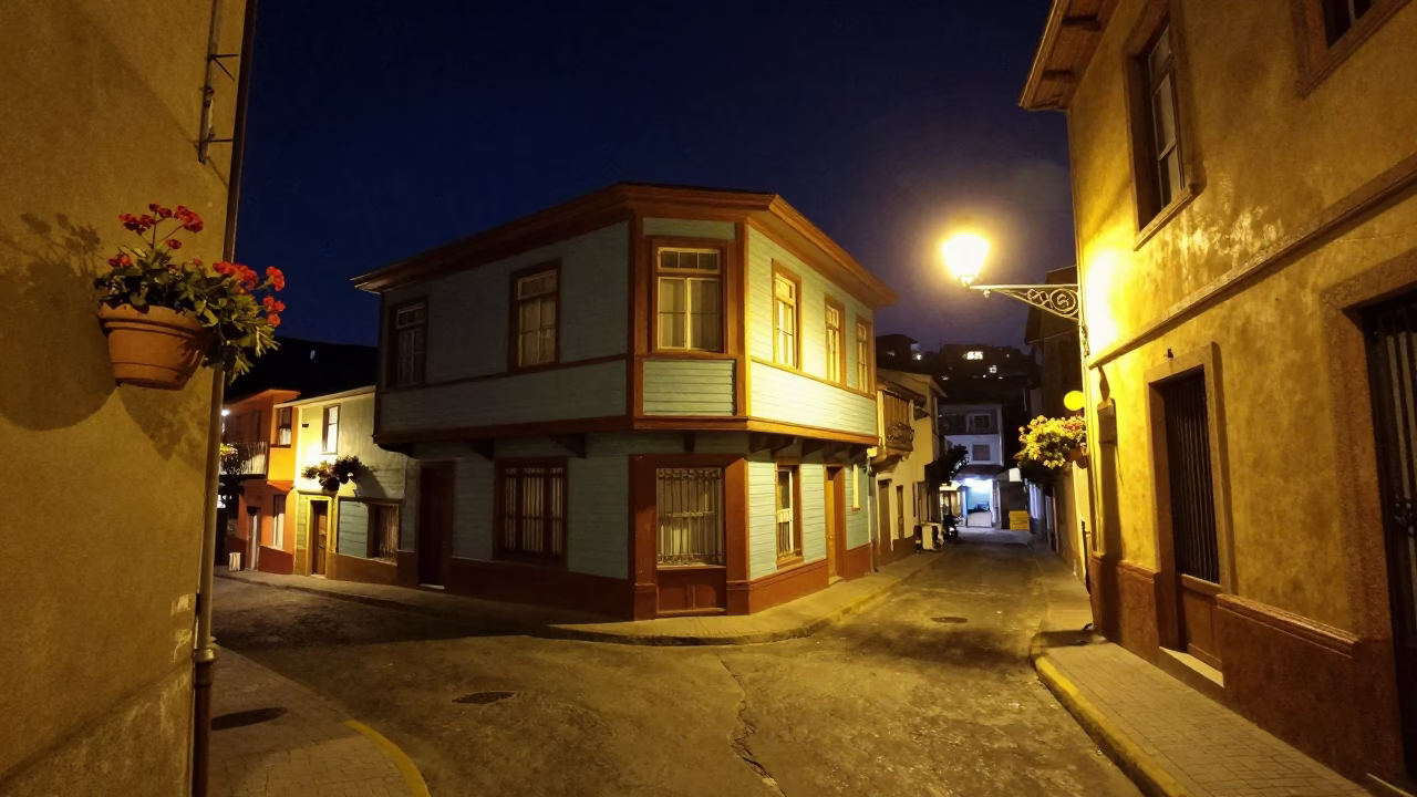 Valparaiso Chile Night Street Scene Colorful Facade with Flowerpot in in Valparaiso, Chile