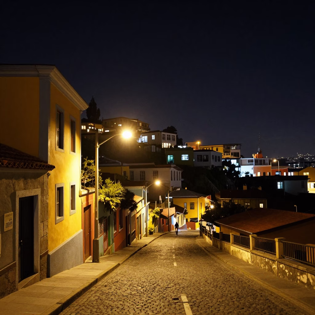 Valparaiso Chile Night Street Scene Colorful Hillside Architecture in in Valparaiso, Chile