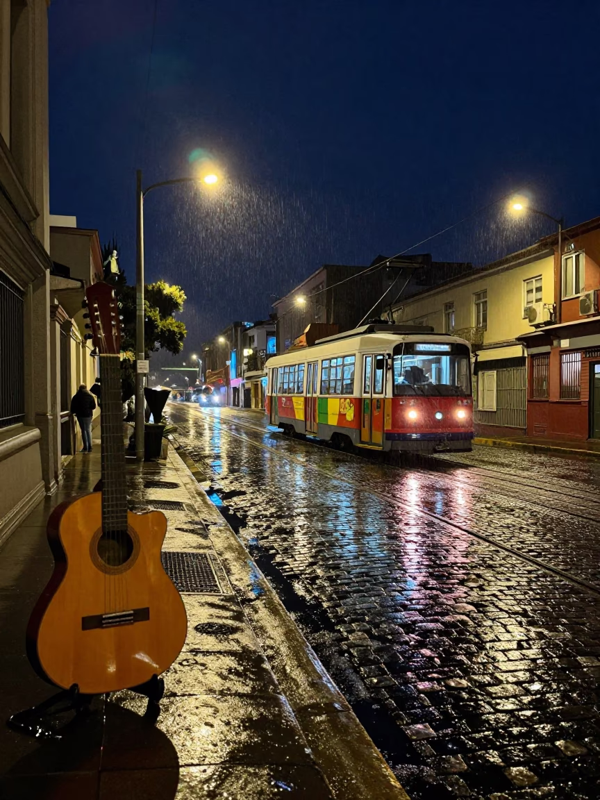 Valparaiso Chile Night Street Scene Tramcar Reflection Rain Cobblestones Guitar Case in in Valparaiso, Chile