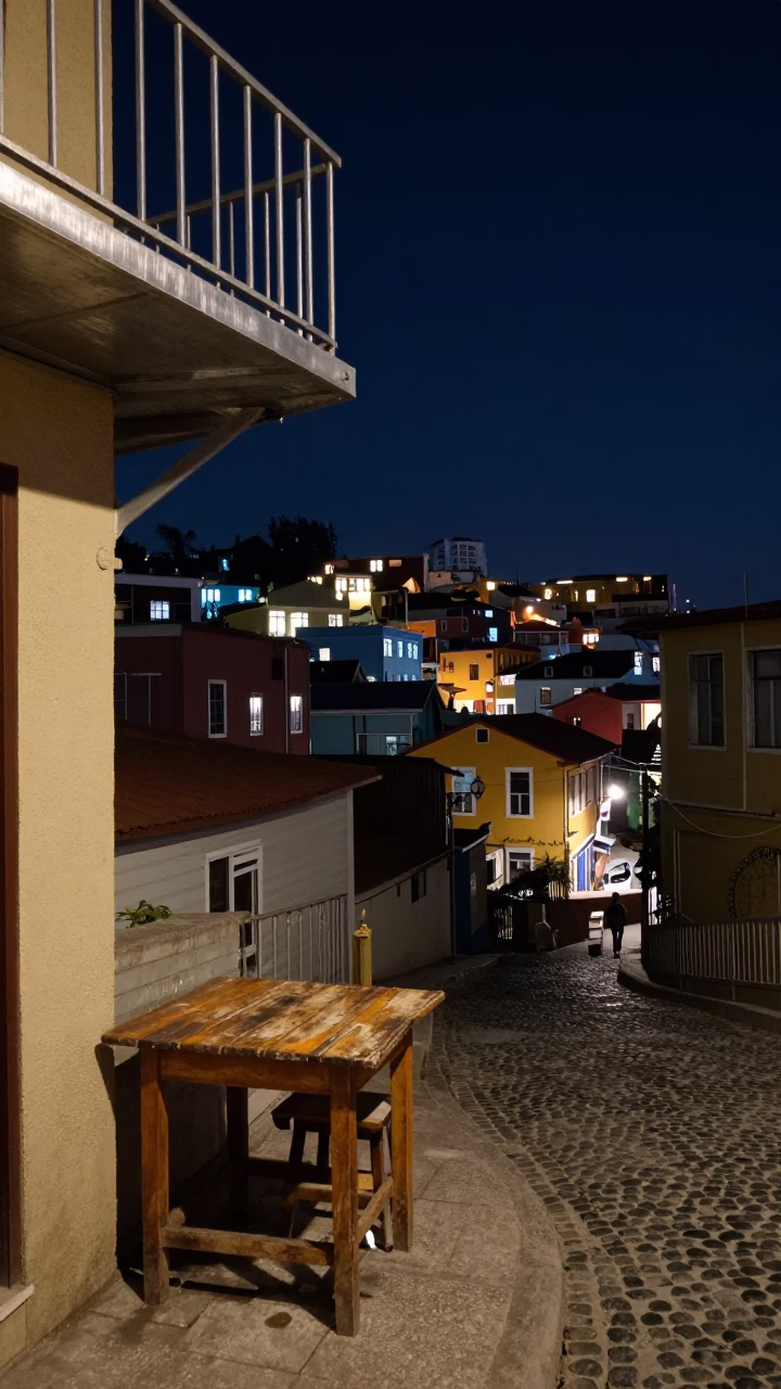 Valparaiso Chile Night Street Scene with Brushed Steel Shelf and Clay Cup in in Valparaiso, Chile