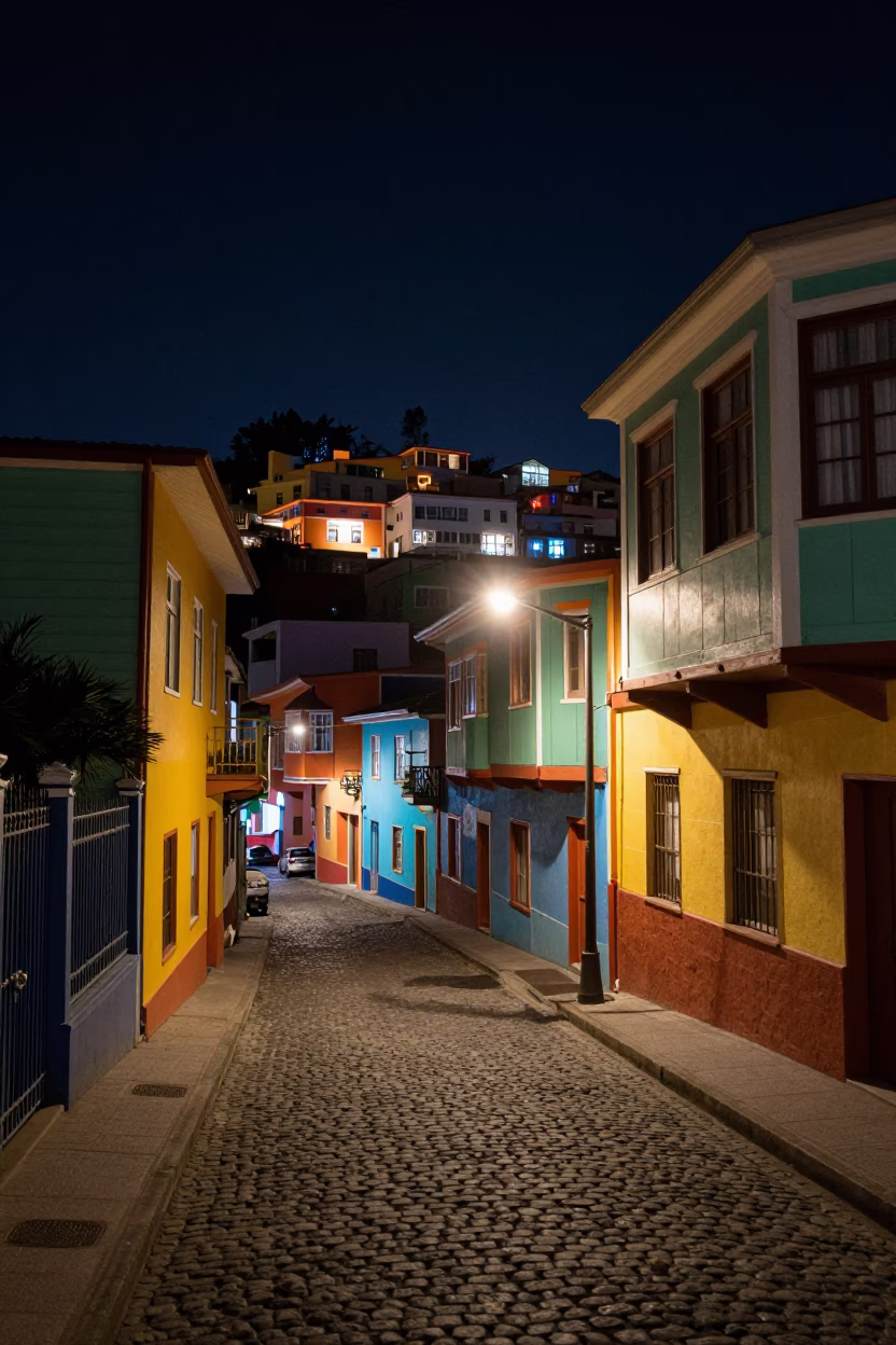 Valparaiso Chile Night Street Scene with Colorful Architecture and Local Life in in Valparaiso, Chile