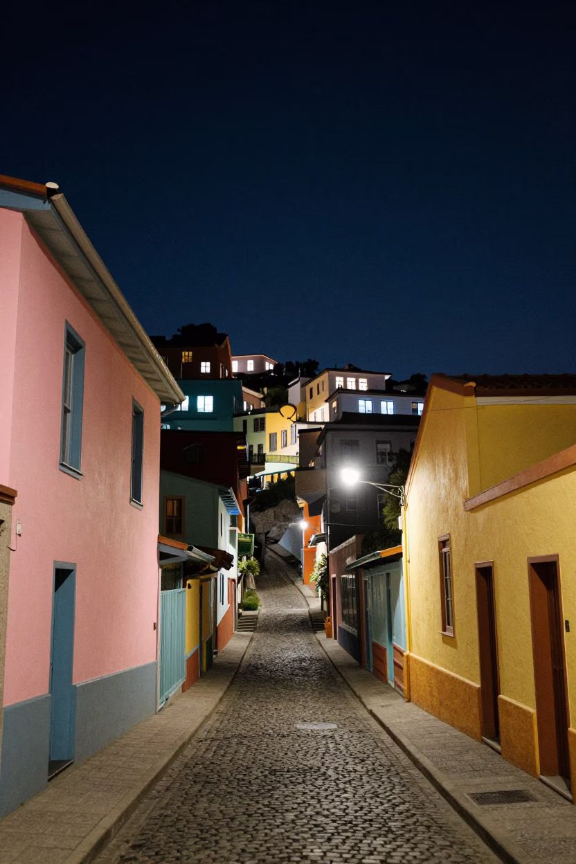 Valparaiso Chile night street scene with colorful houses and streetlights in in Valparaiso, Chile
