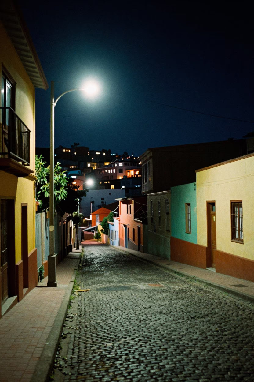 Valparaiso Chile Night Street Scene with Colorful Paint Flecks and Urban Construction in in Valparaiso, Chile