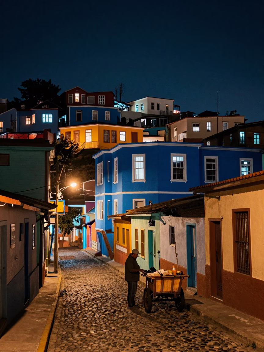 Valparaiso Chile Night Street Scene With Colorful Walls And Vintage Majolica Plate in in Valparaiso, Chile