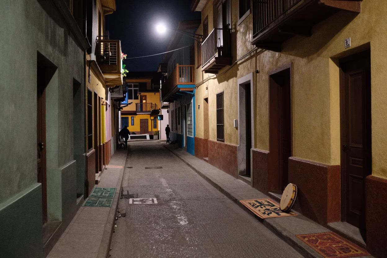 Valparaiso Chile Night Street Scene with Door Mats and Tambourine Prop in in Valparaiso, Chile