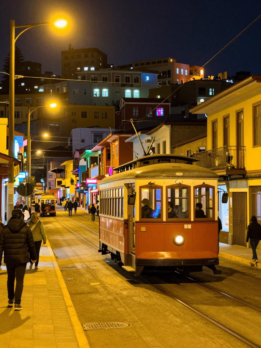 Valparaiso Chile Night Street Scene with Old Trolley and Colorful Hillside Architecture in in Valparaiso, Chile