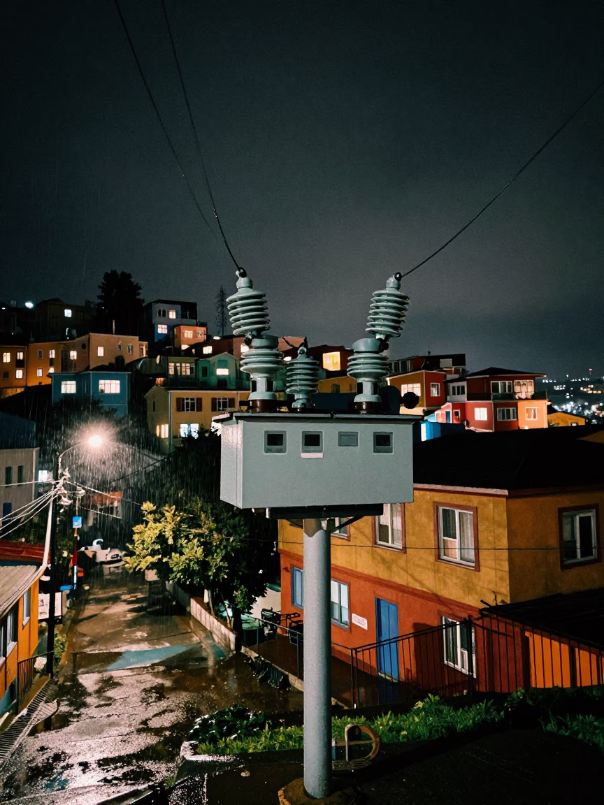 Valparaiso Chile Night Street Scene with Substation Insulators and Rain in in Valparaiso, Chile