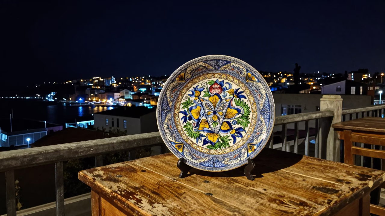 Valparaiso Chile Night Street Scene with Vintage Italian Majolica Plate and Notebook in in Valparaiso, Chile