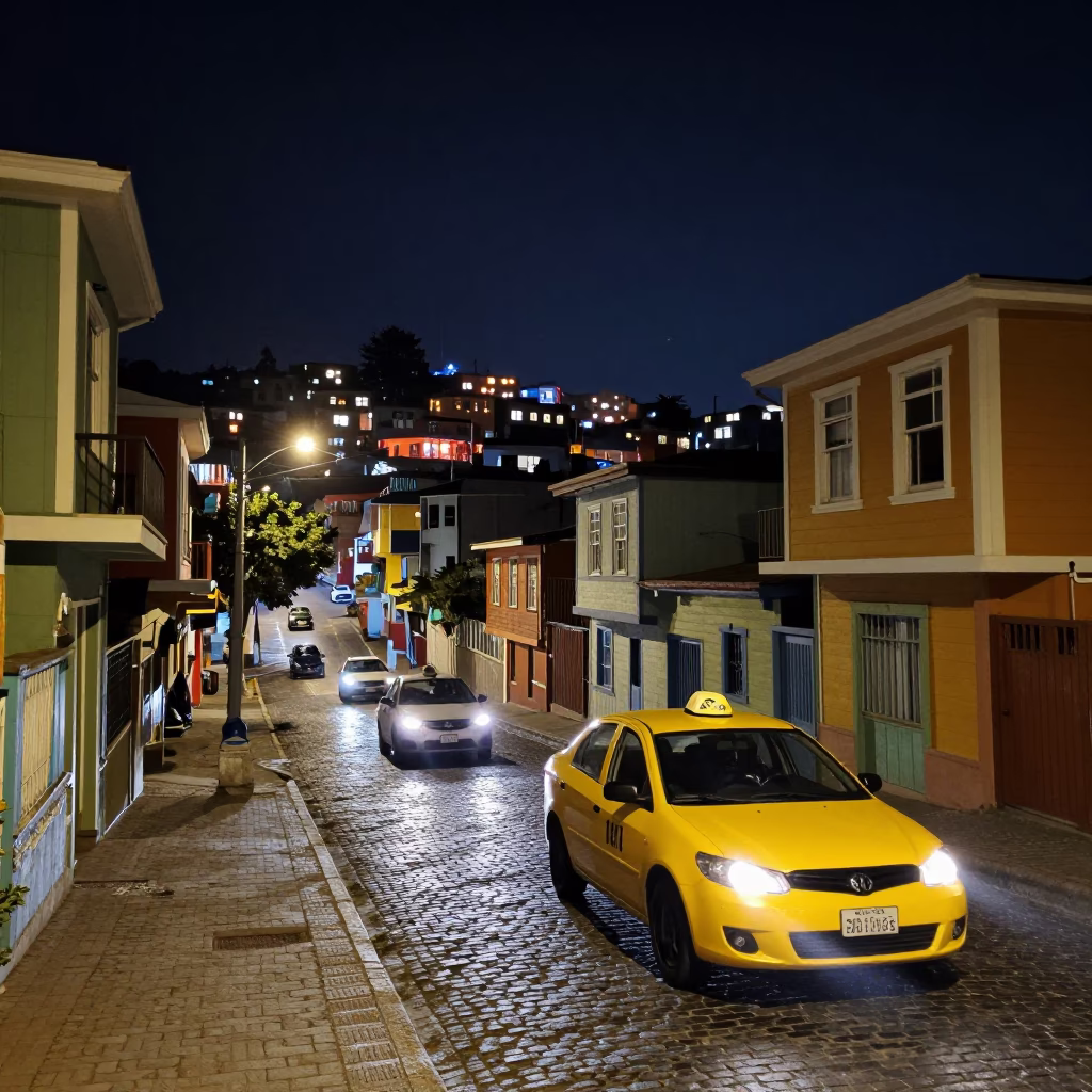 Valparaiso Chile Night Street Scene with Yellow Taxi and Local Life in in Valparaiso, Chile