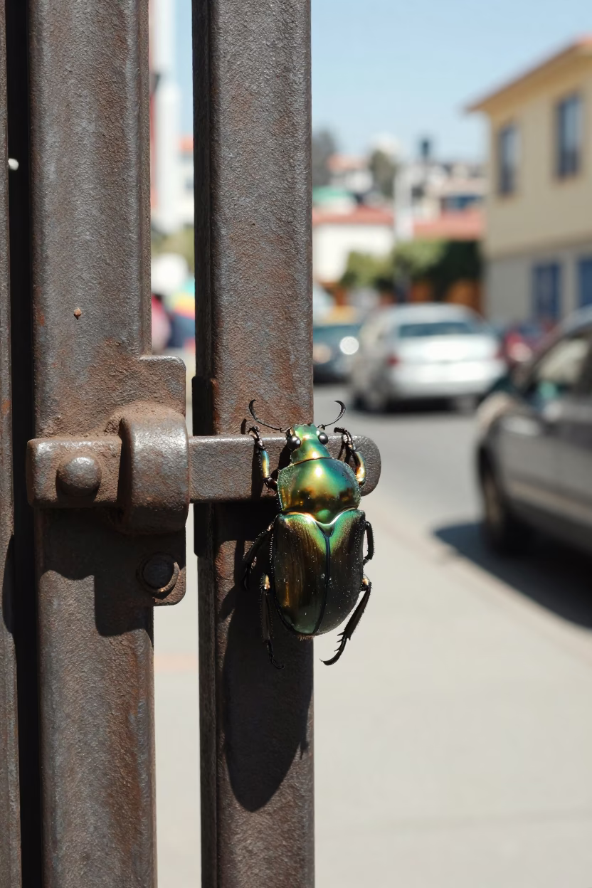 Valparaiso Chile Noon Street Scene Iron Deadbolt and Jewel Beetle on Weathered Facade in in Valparaiso, Chile