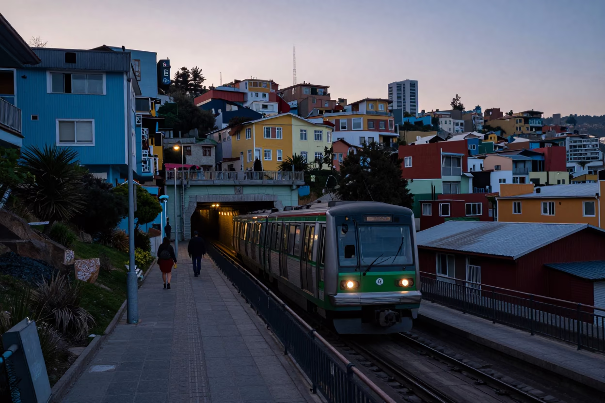 Valparaiso Chile Pre-Dawn Street Scene with Colorful Hills and Metro Train in in Valparaiso, Chile