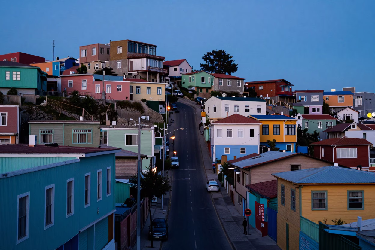 Valparaiso Chile Pre-Dawn Street Scene with Colorful Hillside Houses and Local Life in in Valparaiso, Chile