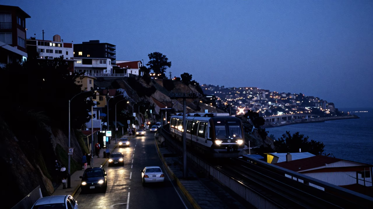 Valparaiso Chile Pre-Dawn Street Scene with Monorail and Local Life in in Valparaiso, Chile