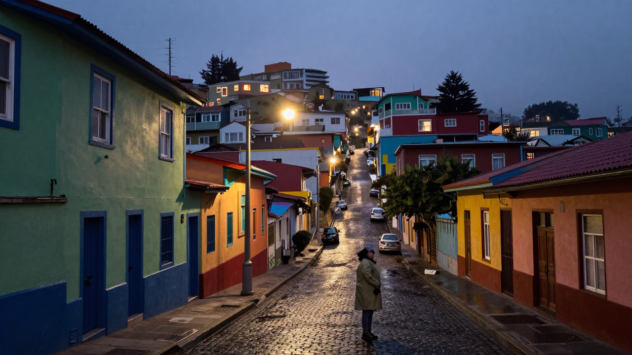 Valparaiso Chile Predawn Street Scene with Colorful Houses and Local Morning Activity in in Valparaiso, Chile