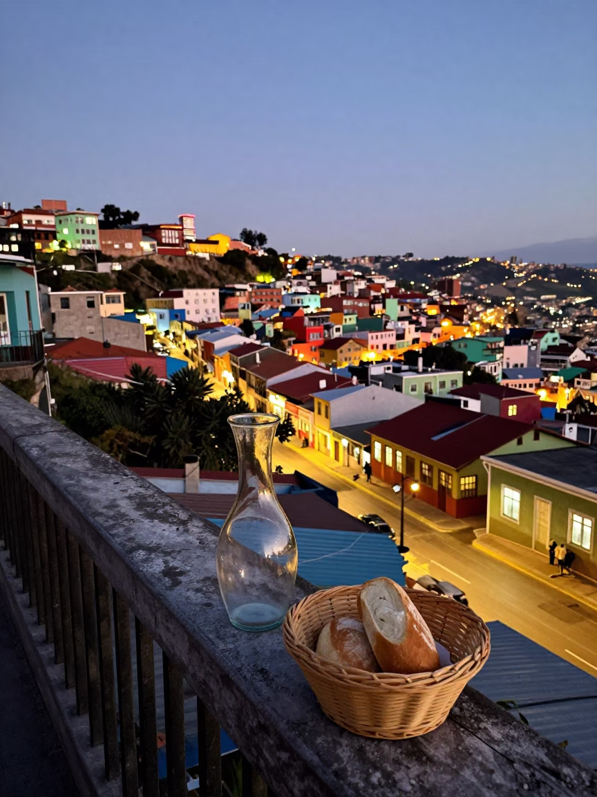 Valparaiso Chile Street Scene at Dusk with Carafe and Bread Basket on Balcony in in Valparaiso, Chile