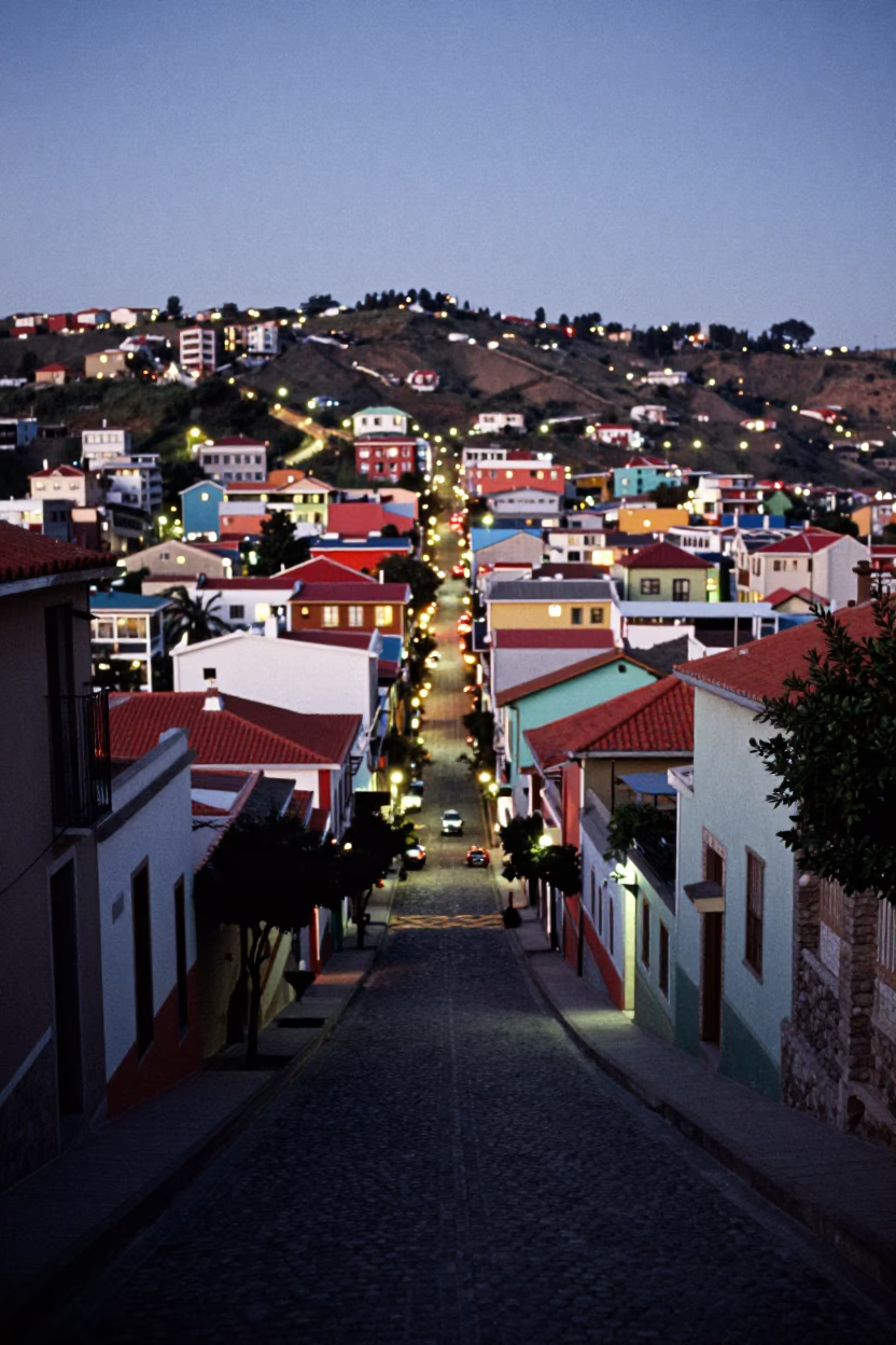 Valparaiso Chile street scene at dusk with colorful hills and local life in in Valparaiso, Chile