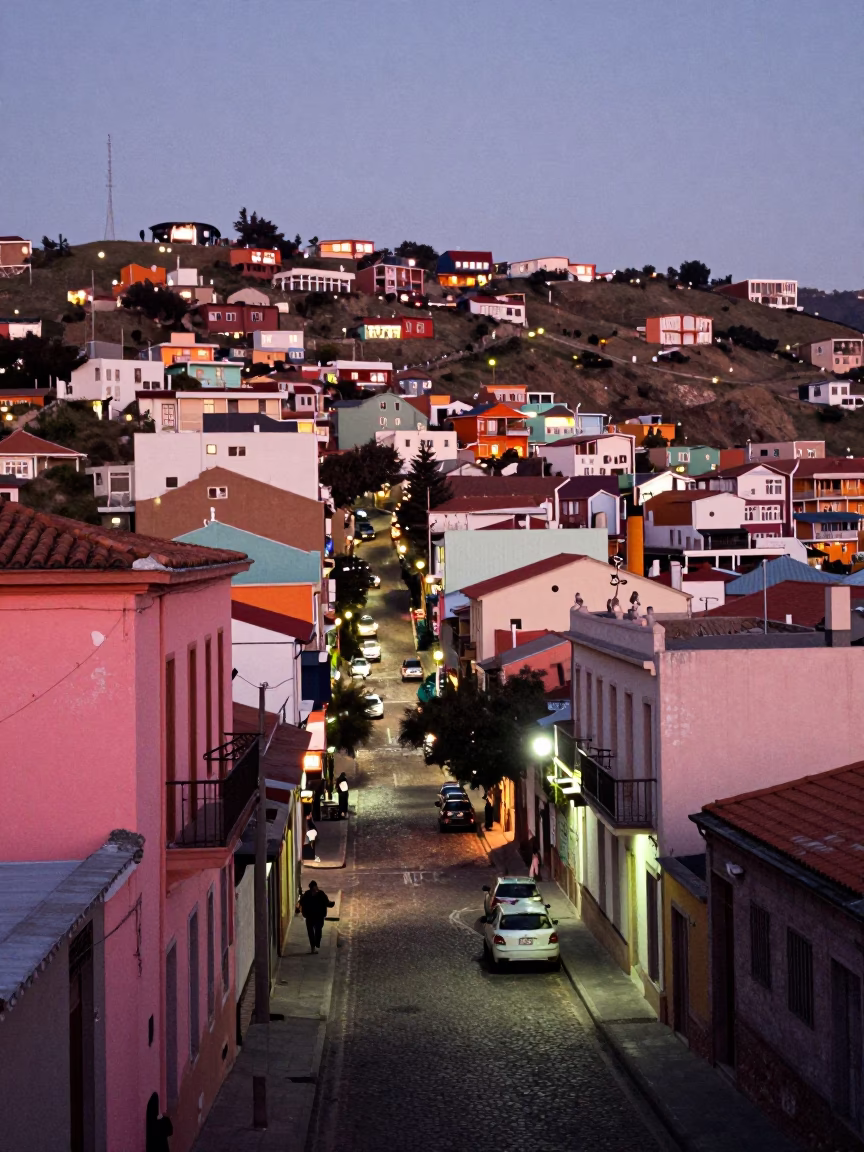 Valparaiso Chile Street Scene at Dusk with Colorful Hills and Urban Activity in in Valparaiso, Chile