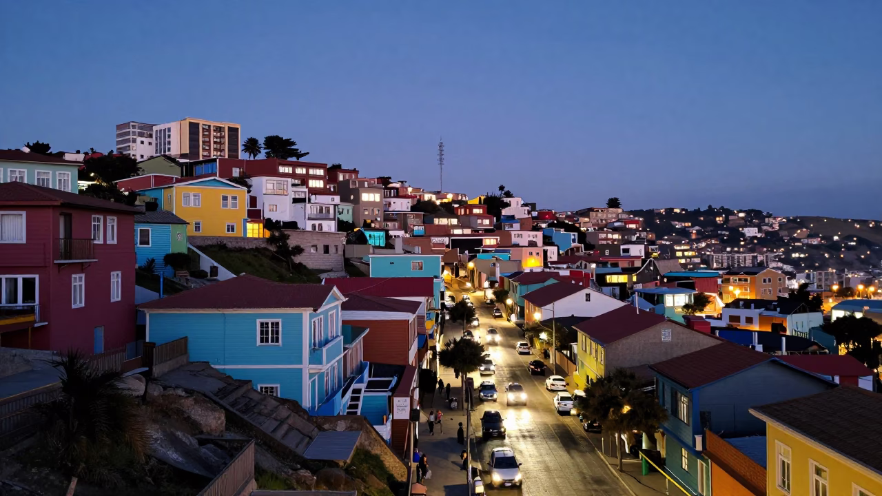 Valparaiso Chile Street Scene at Dusk with Colorful Houses and Local Life in in Valparaiso, Chile