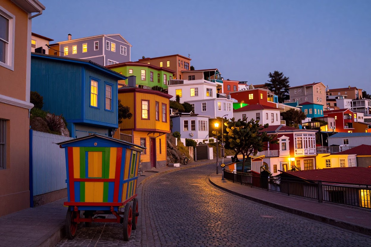 Valparaiso Chile Street Scene at Dusk with Colorful Wagon and Urban Architecture in in Valparaiso, Chile