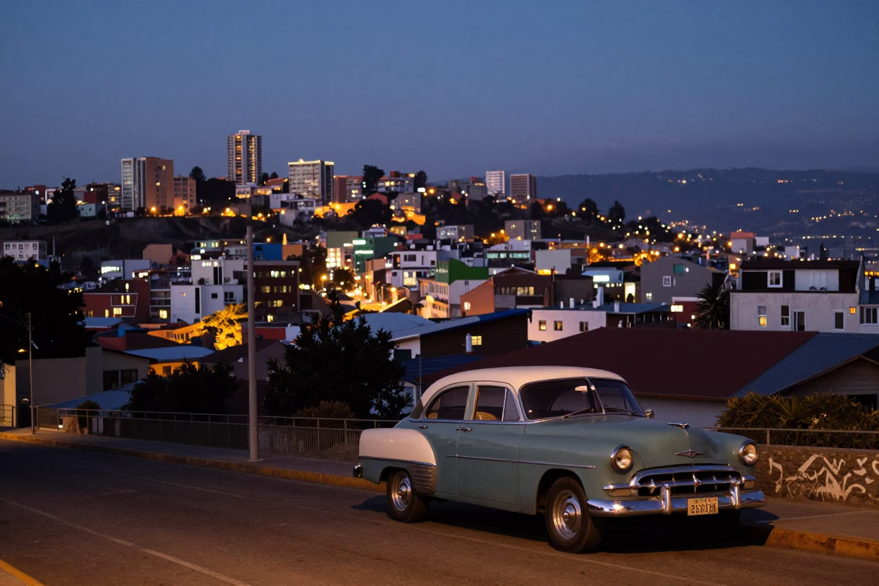 Valparaiso Chile street scene at dusk with vintage car and colorful hillside houses in in Valparaiso, Chile