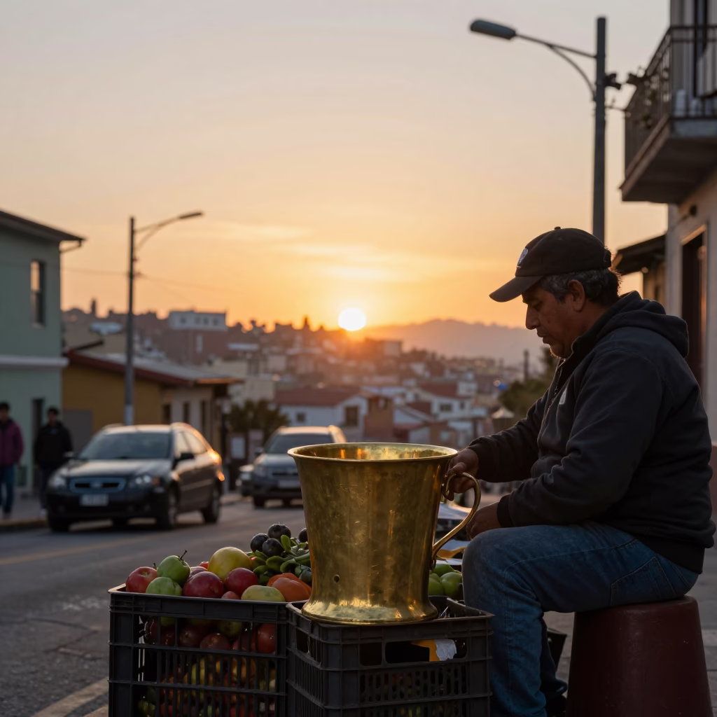 Valparaiso Chile Street Scene at Sunset with Brass Cup and Glass Pitcher in in Valparaiso, Chile